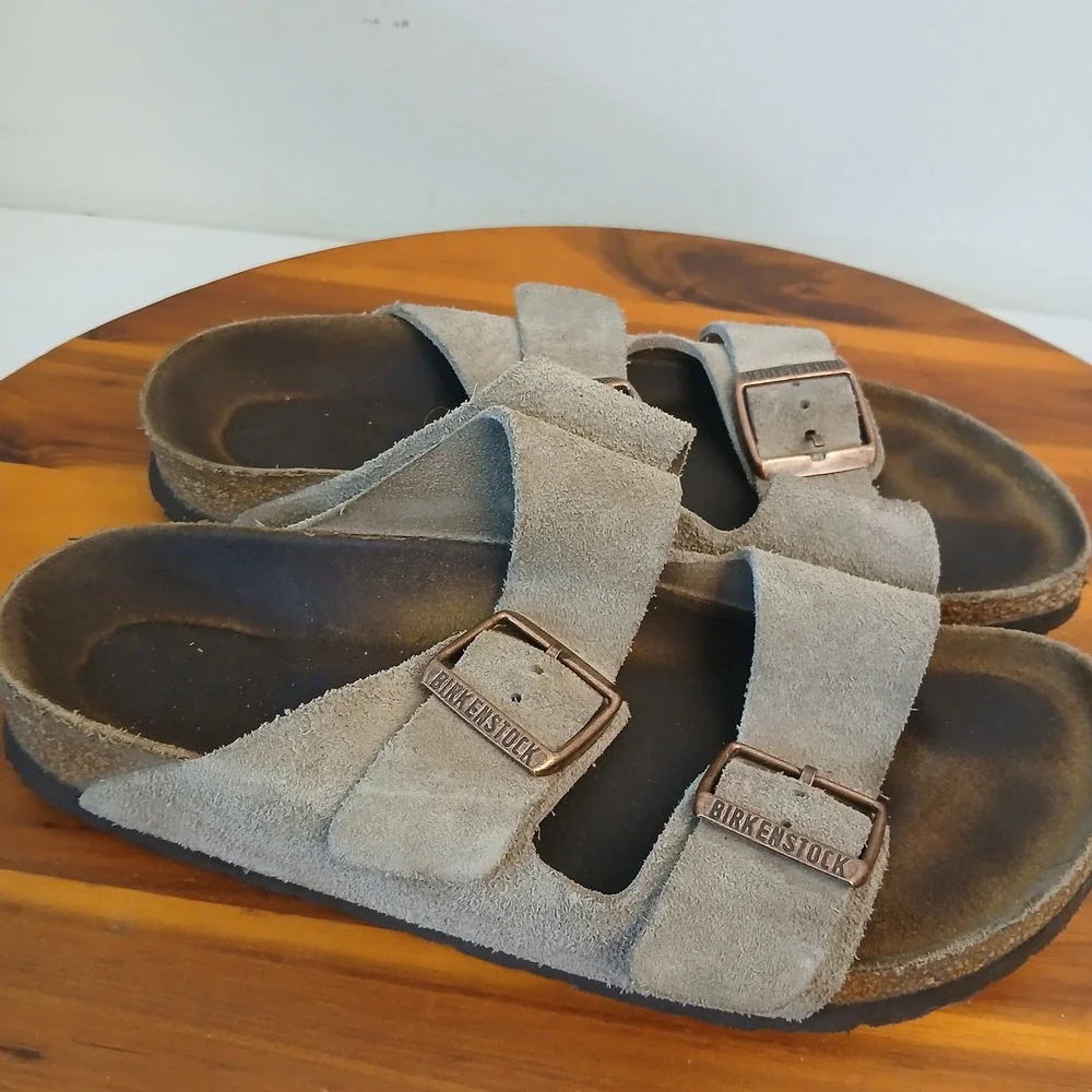 Birkenstock Arizona Mens 37 Taupe Suede Buckle Sandals Slides Cork Footbed